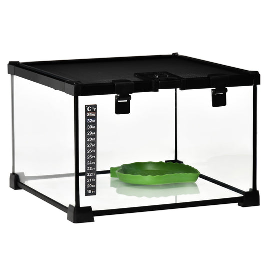 PawHut Szklane Terrarium dla Gadów Zbiornik do Hodowli Owadów Vivarium Habitats z Termometrem dla Jaszczurek, Rogatych Żab, Węży, Pająków - Małe 30 x 30 x 20 cm