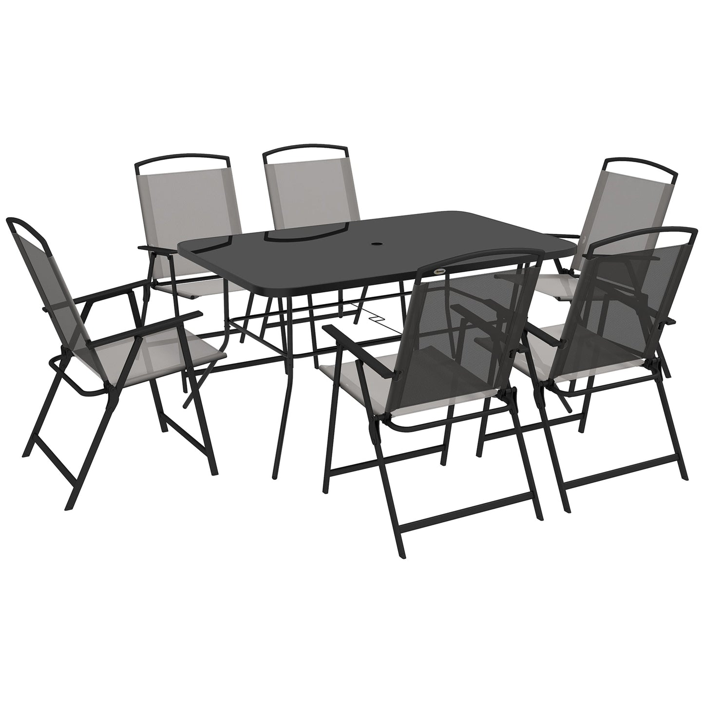 Outsunny 7 Piece Garden Furniture Set with Glass Dining Table and Folding Chairs, W/ Umbrella Hole, 6 Seater Outdoor Patio Furniture for Deck and Balcony, Black