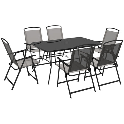 Outsunny 7 Piece Garden Furniture Set with Glass Dining Table and Folding Chairs, W/ Umbrella Hole, 6 Seater Outdoor Patio Furniture for Deck and Balcony, Black