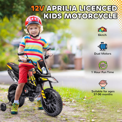 AIYAPLAY 12V Aprilia Licensed Kids Motorbike with Training Wheels, Spring Suspension, LED Headlight, USB, Music, Yellow/black