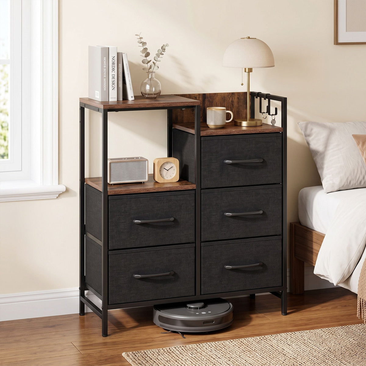 Open Shelves Dresser with 5 Fabric Drawers and 2 Hooks for Bedroom-Rustic Brown