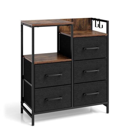 Open Shelves Dresser with 5 Fabric Drawers and 2 Hooks for Bedroom-Rustic Brown