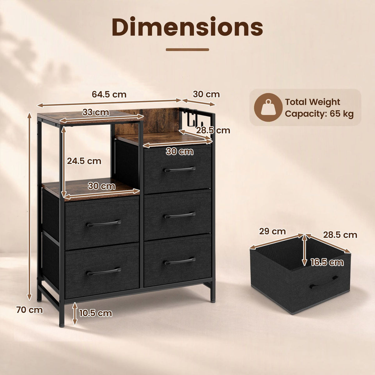 Open Shelves Dresser with 5 Fabric Drawers and 2 Hooks for Bedroom-Rustic Brown
