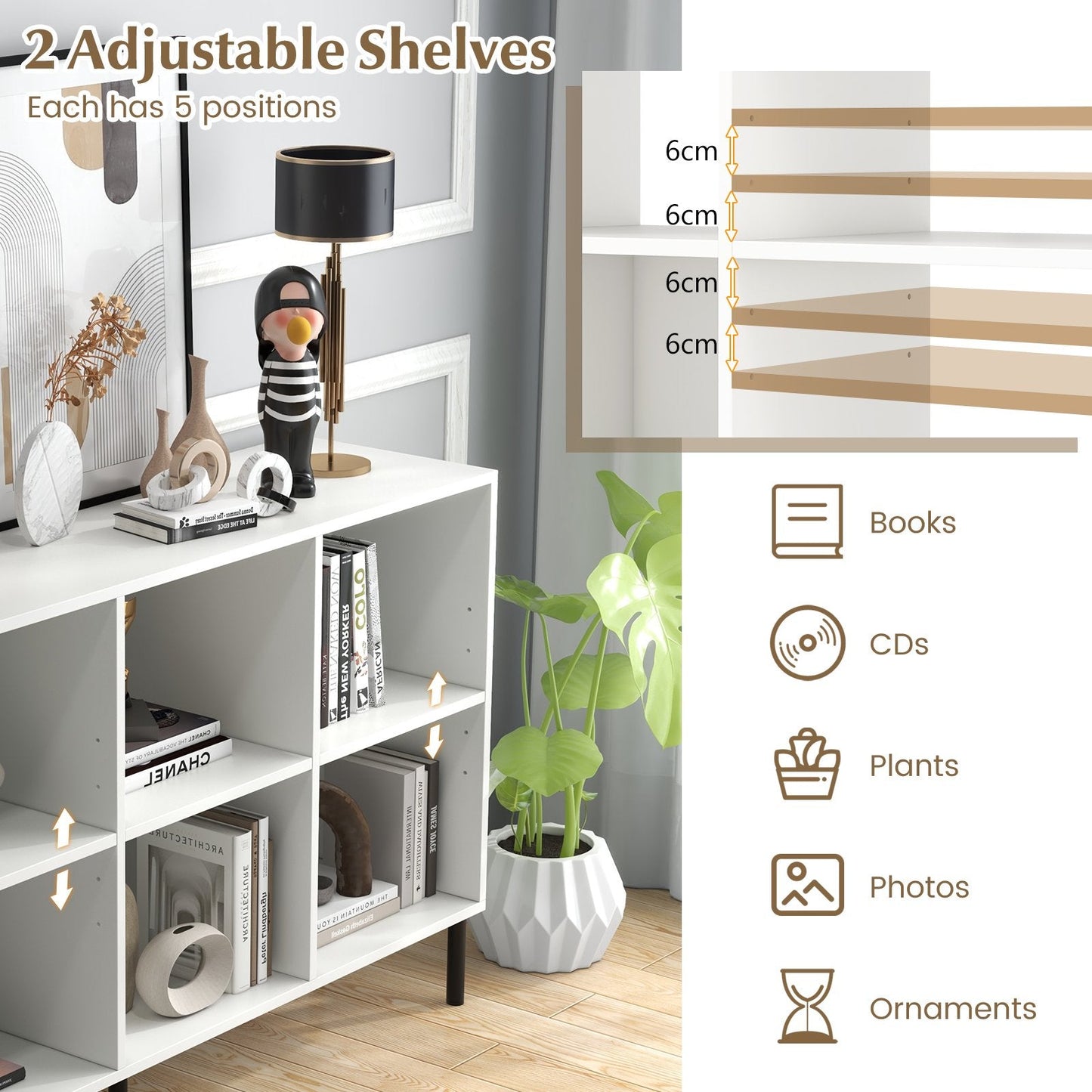 6-Cube Storage Bookcase Wooden Open Bookshelf with 5 Metal Legs-White