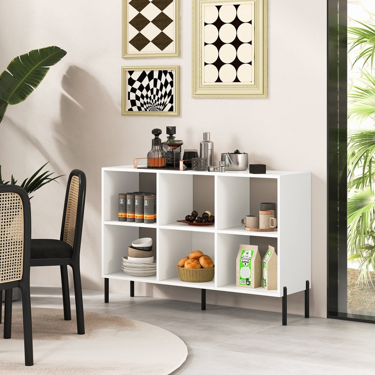 6-Cube Storage Bookcase Wooden Open Bookshelf with 5 Metal Legs-White