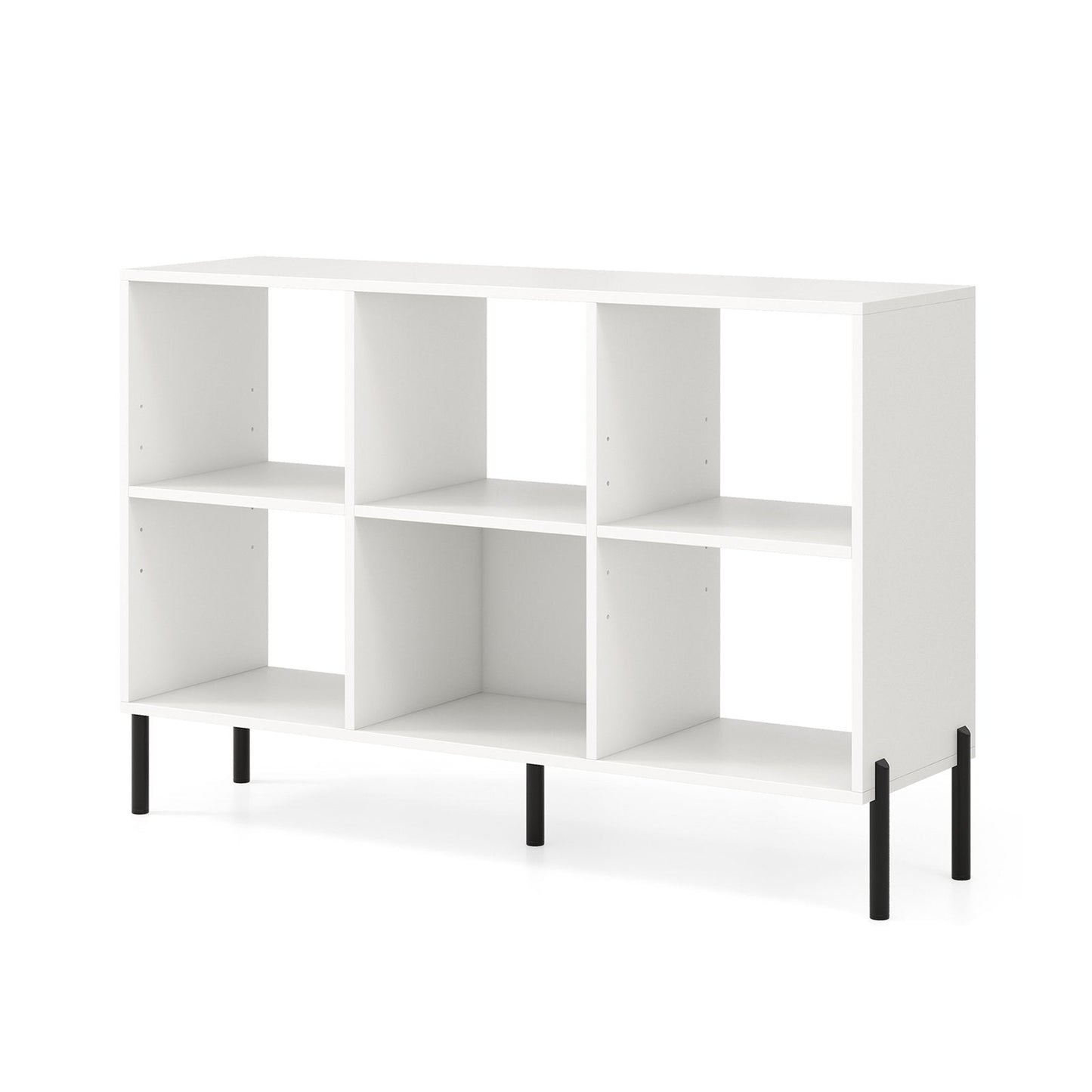 6-Cube Storage Bookcase Wooden Open Bookshelf with 5 Metal Legs-White