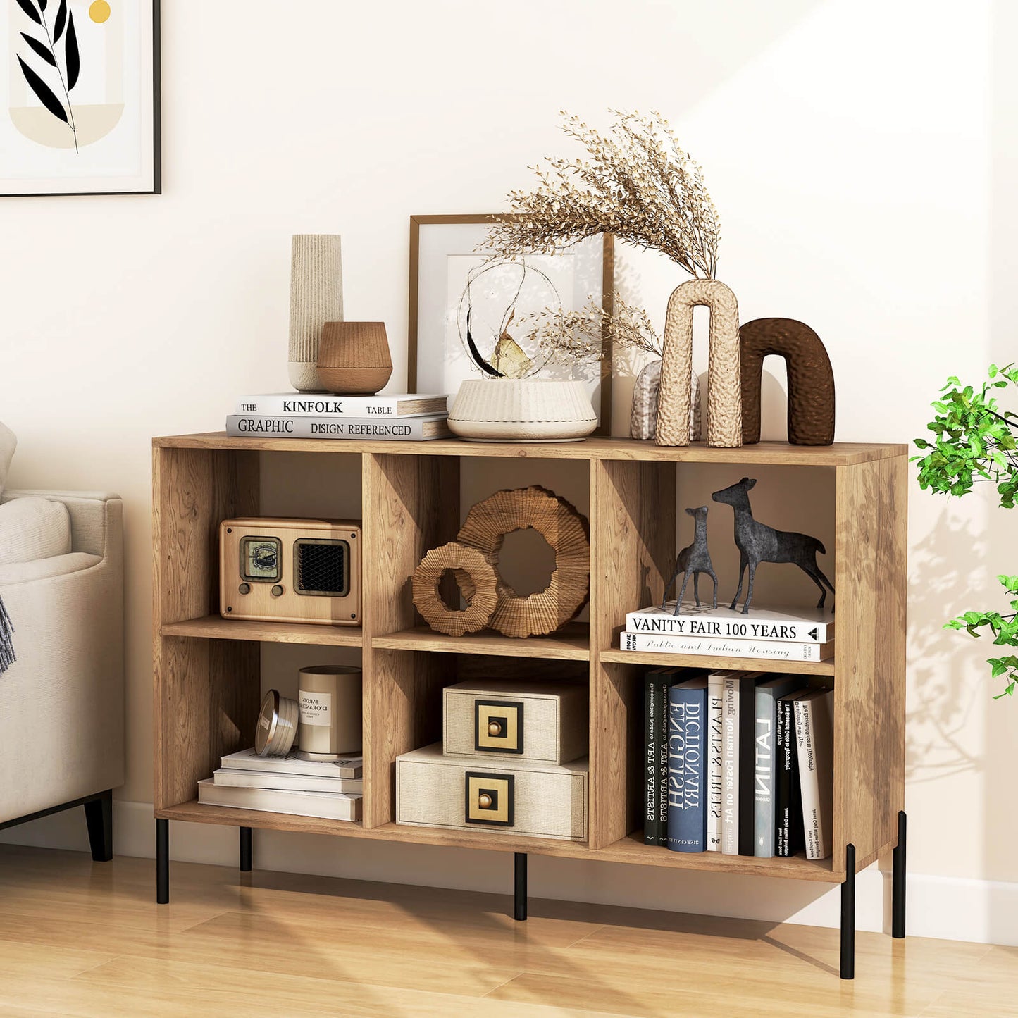 Open-Back Wood Bookshelf Storage Rack with 6 Compartments-Natural
