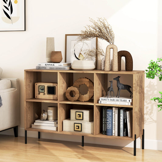 Open-Back Wood Bookshelf Storage Rack with 6 Compartments-Natural