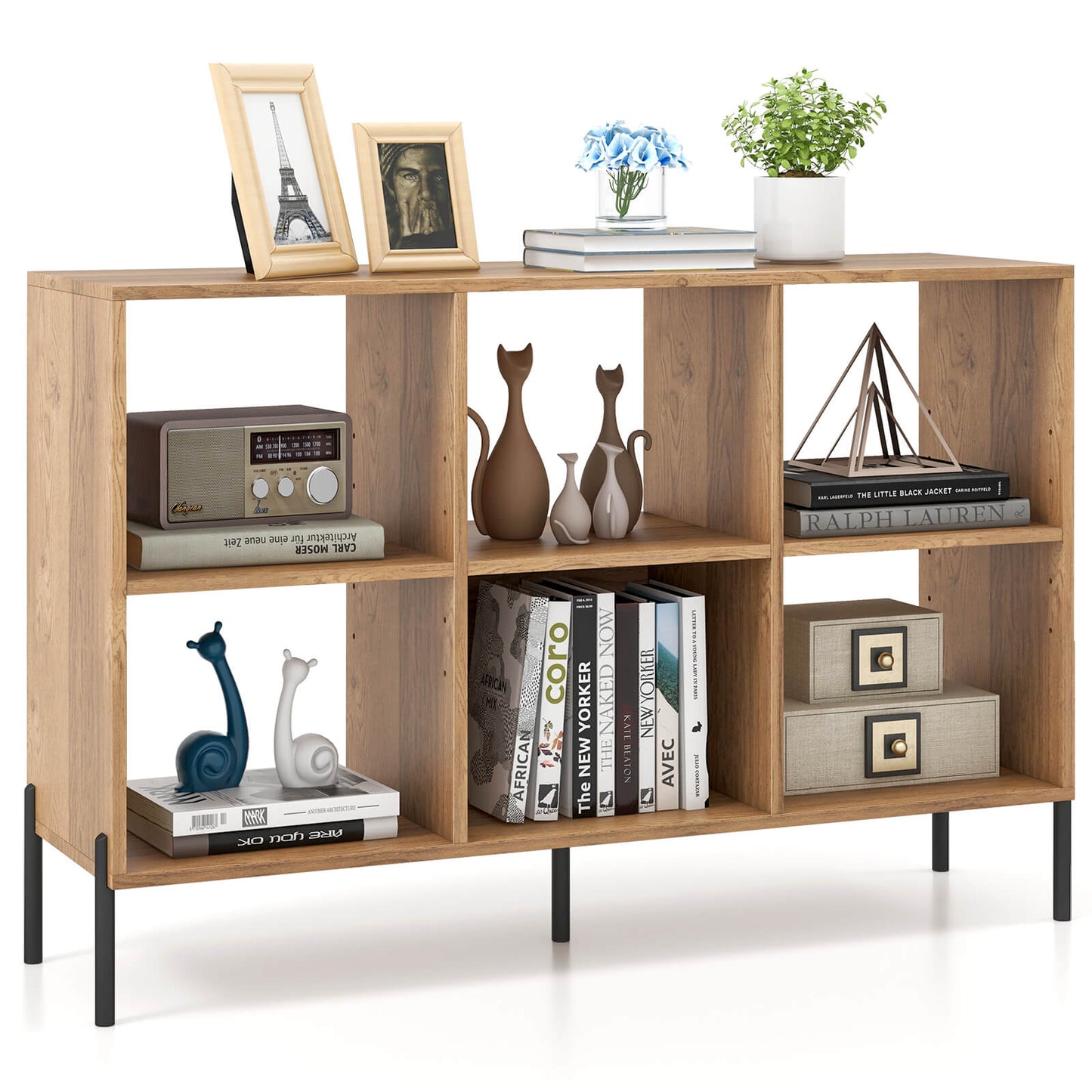Open-Back Wood Bookshelf Storage Rack with 6 Compartments-Natural
