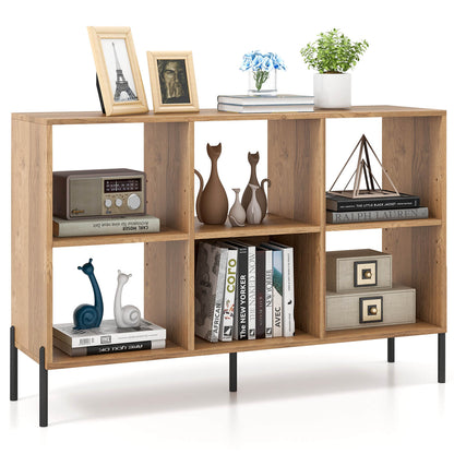 Open-Back Wood Bookshelf Storage Rack with 6 Compartments-Natural