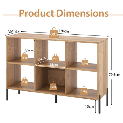 Open-Back Wood Bookshelf Storage Rack with 6 Compartments-Natural