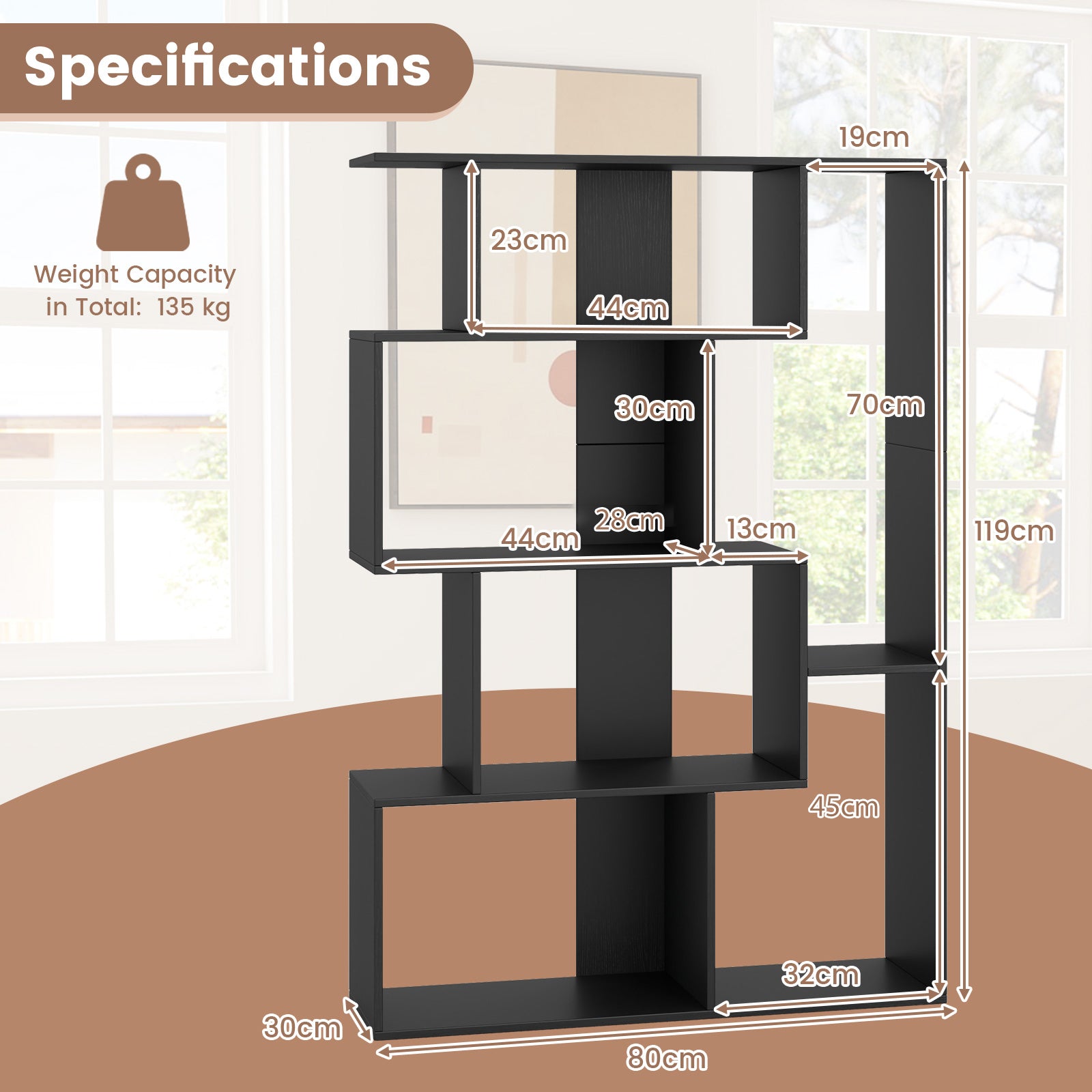 6-Cube Open-back Geometric Bookshelf with Anti-tip Kits-Black