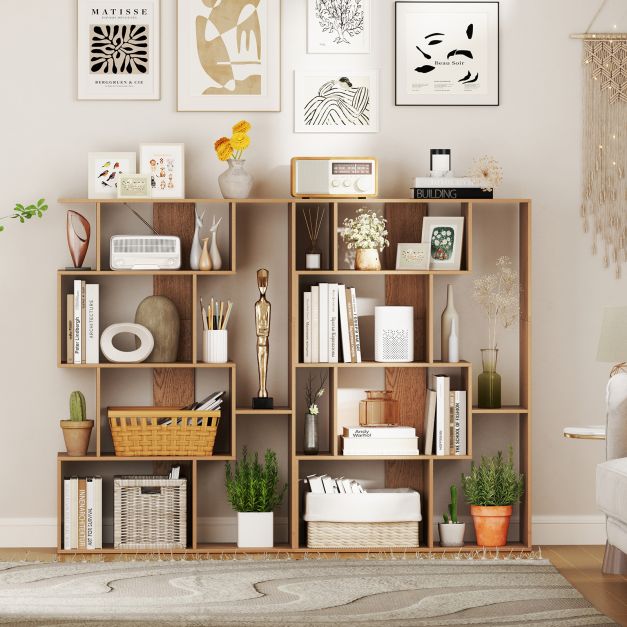 6-Cube Open-back Geometric Bookshelf with Anti-tip Kits-Natural