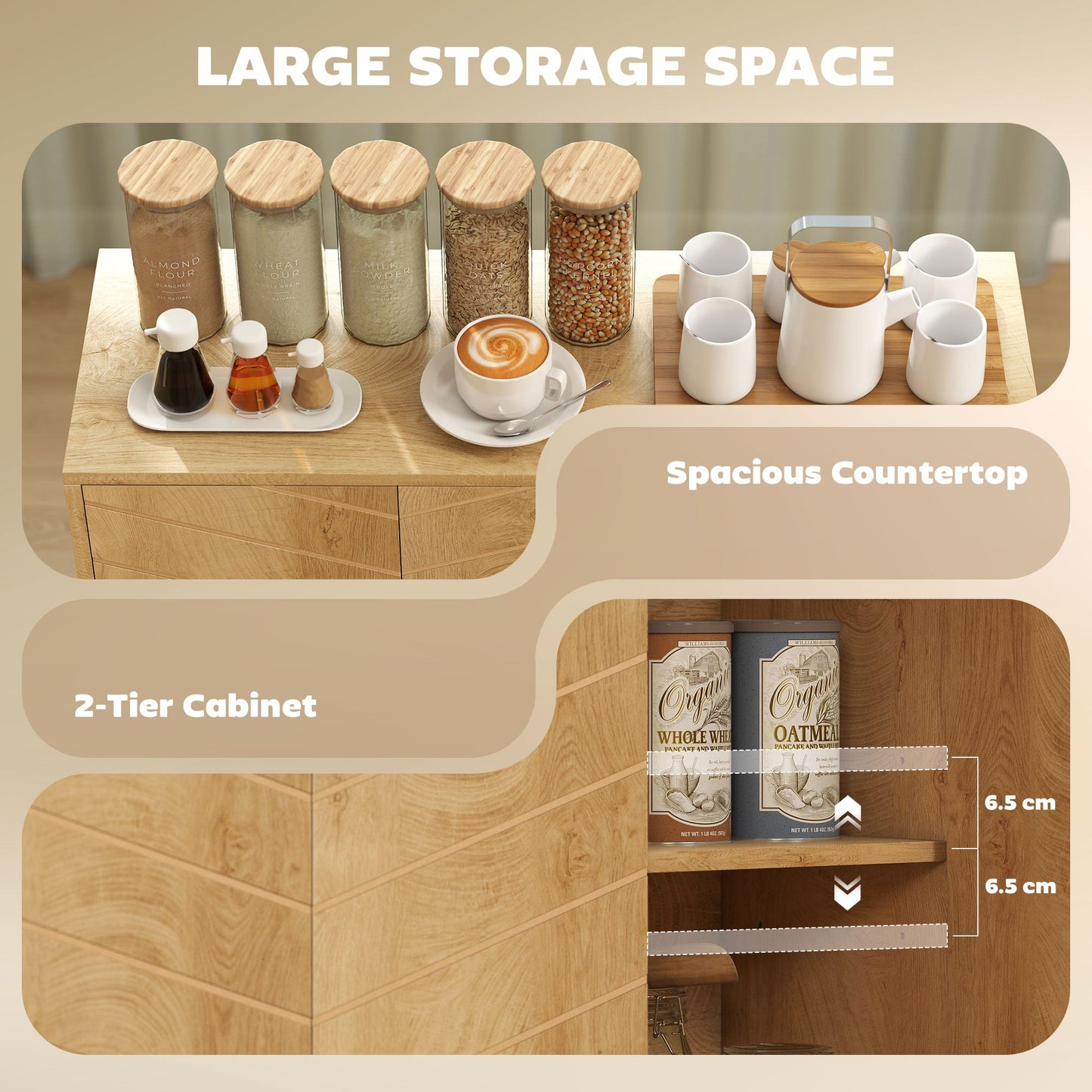 HOMCOM Vintage Sideboard with Chevron Doors and Pine Wood Legs for Living Room, Kitchen