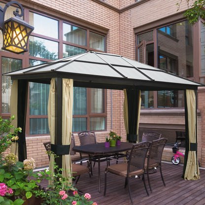 Outsunny 3 x 3.6(m) Hardtop Gazebo Canopy with Polycarbonate Roof and Aluminium Frame, Garden Pavilion with Mosquito Netting and Curtains, Brown