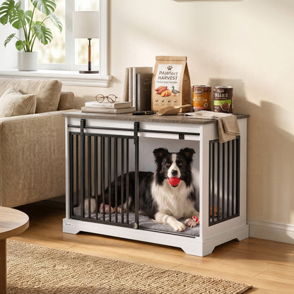 PawHut 80 cm Dog Crate Furniture with Sliding Barn Door for Medium Dogs, White