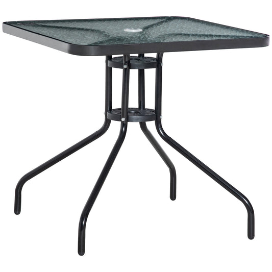 Outsunny Square Patio Table, Tempered Glass Top Bistro Table, Garden Dining Table, Outdoor Accent Coffee Table 76 x 76cm Steel Frame w/ Umbrella Hole