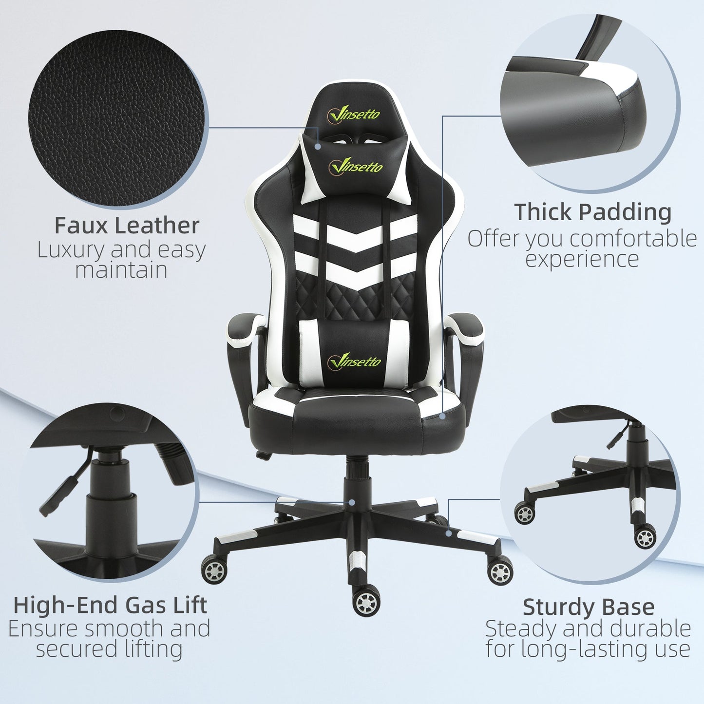 Vinsetto Racing Gaming Chair with Lumbar Support, Headrest, Swivel Wheel, PVC Leather Gamer Desk Chair for Home Office, Black Grey