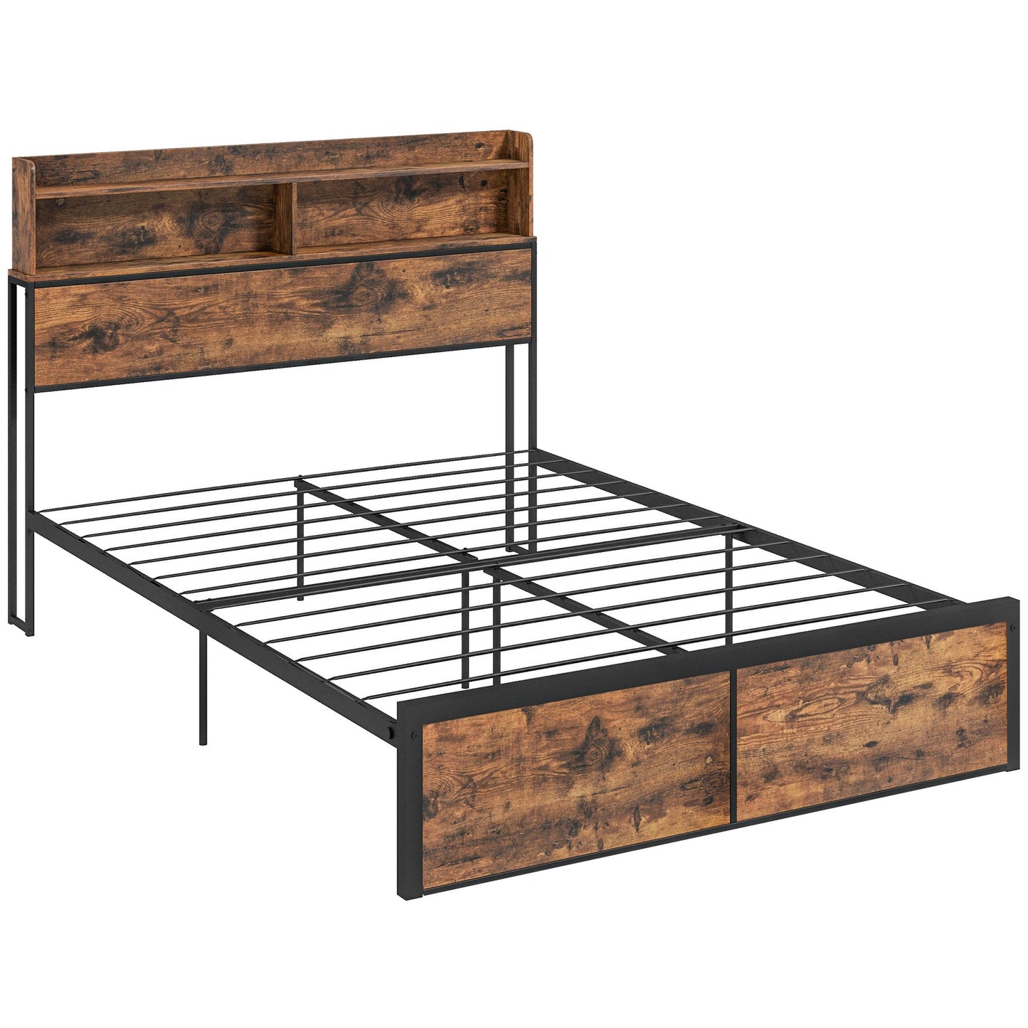 Retro Style Industrial Double Bed Frame, 4.8FT Steel Bed Base w/ Storage Headboard, Footboard, Under Bed Storage, 145 x 209cm, Rustic Brown