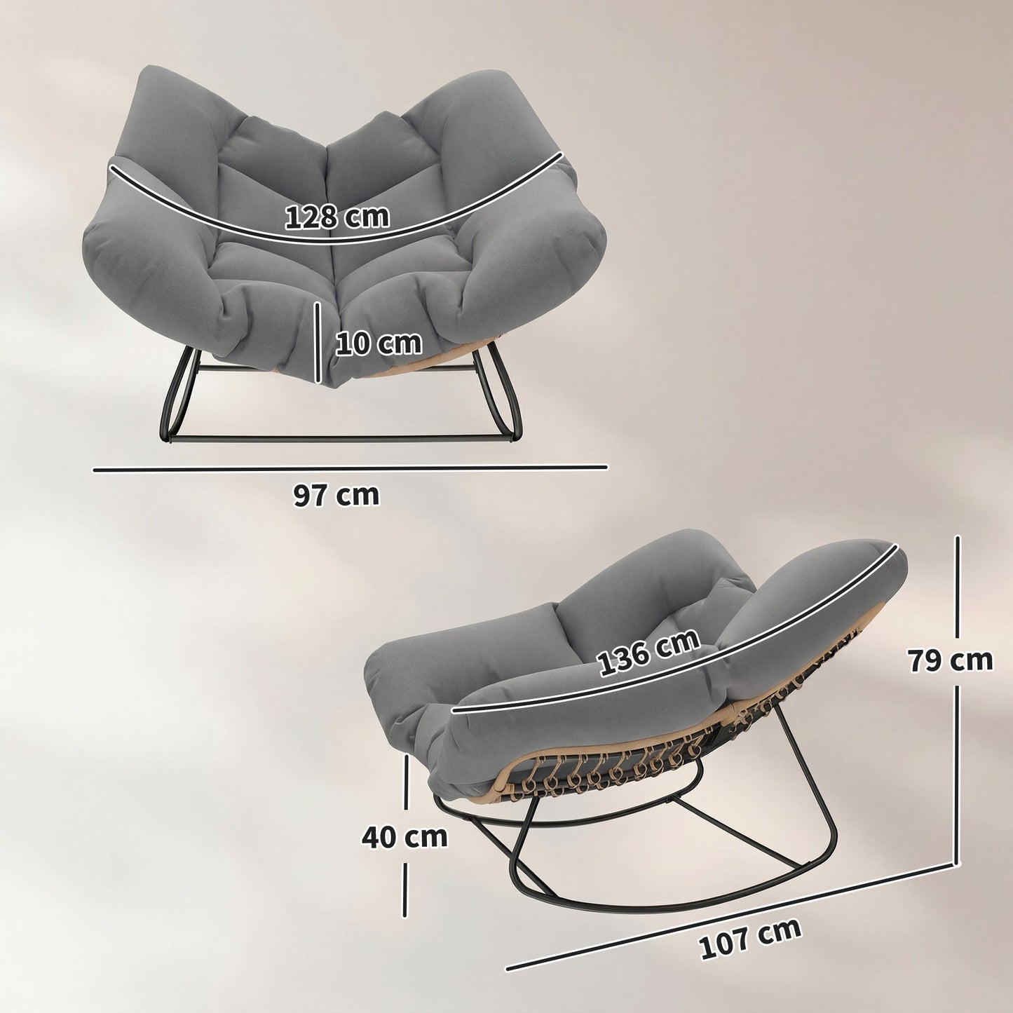 Outsunny Indoor Outdoor Rocking Chair, Oversized Rocking Egg Chair with Cushion for Living Room, Garden, Patio, Grey