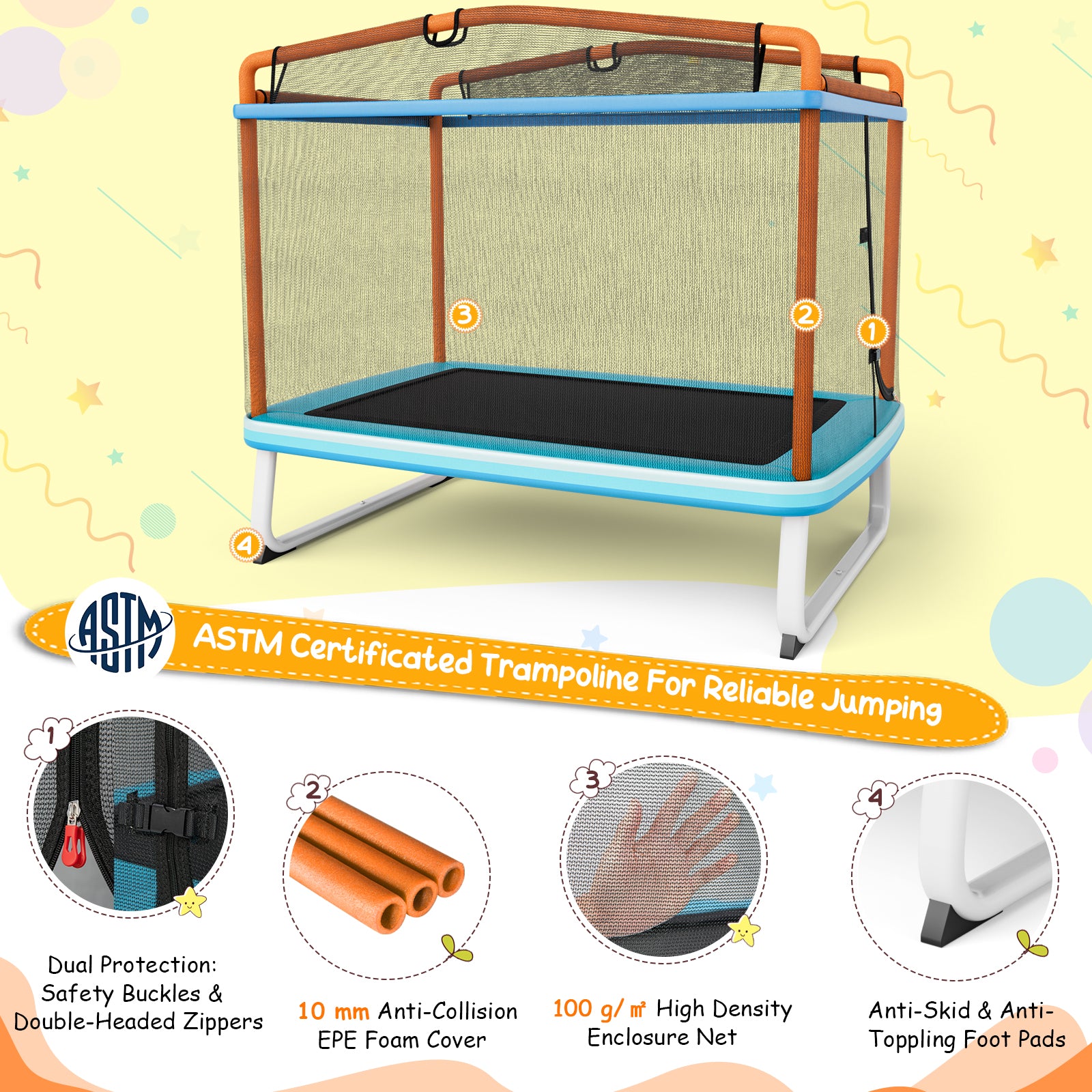 190CM 3-in-1 Kids Rectangle Trampoline with Enclosure Net and Horizontal Bar-Orange
