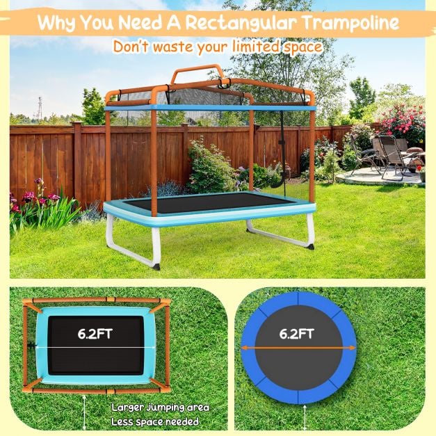 190CM 3-in-1 Kids Rectangle Trampoline with Enclosure Net and Horizontal Bar-Orange