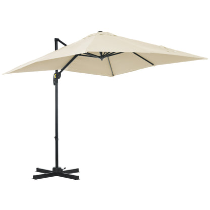 Outsunny 2,5 x 2,5 m Parasol tarasowy z wysięgnikiem, aluminiowy, wiszący, z możliwością obrotu o 360° z korbką i podstawą krzyżową, kremowo-biały