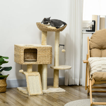 PawHut 95cm Cat Tree Tower for Indoor Cats, with Scratching Post, Cat House, Toy Ball, Platform - Beige