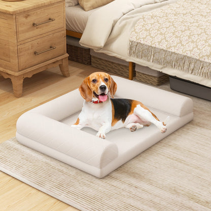 Orthopedic Dog Bed Egg-Foam Dog Crate Bed with 3-Side Bolster-Beige