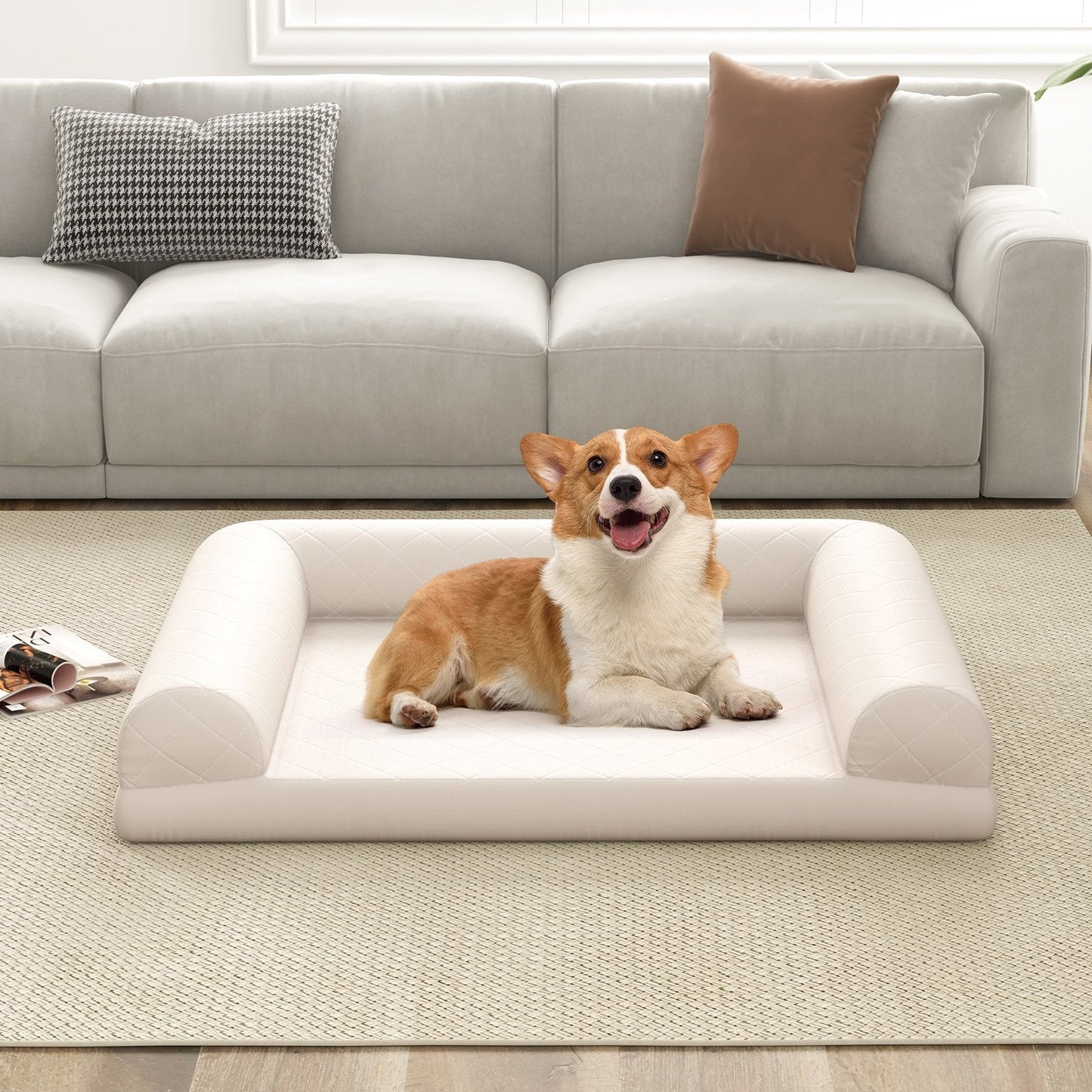 Orthopedic Dog Bed Egg-Foam Dog Crate Bed with 3-Side Bolster-Beige