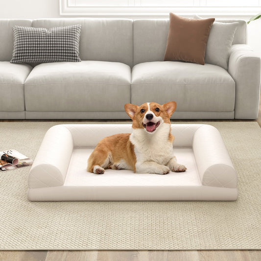 Orthopedic Dog Bed Egg-Foam Dog Crate Bed with 3-Side Bolster-Beige
