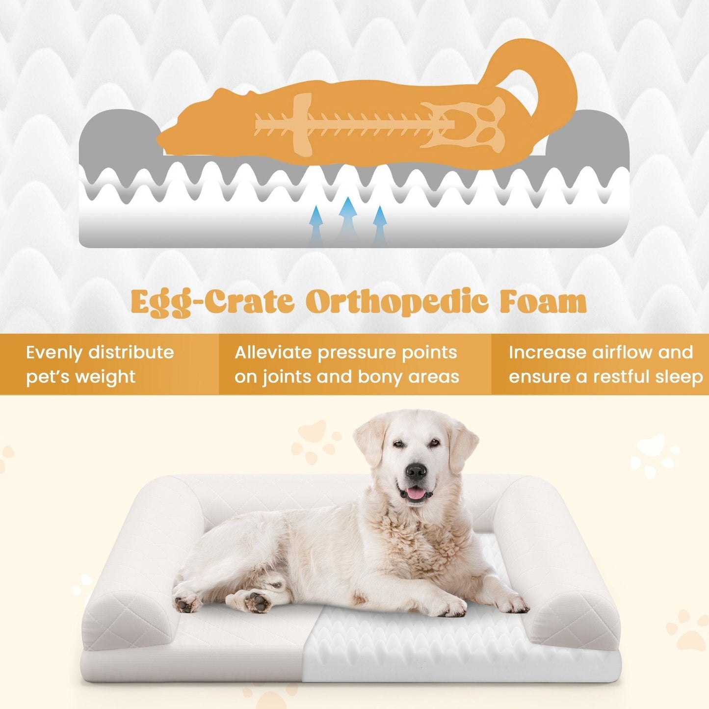Orthopedic Dog Bed Egg-Foam Dog Crate Bed with 3-Side Bolster-Beige