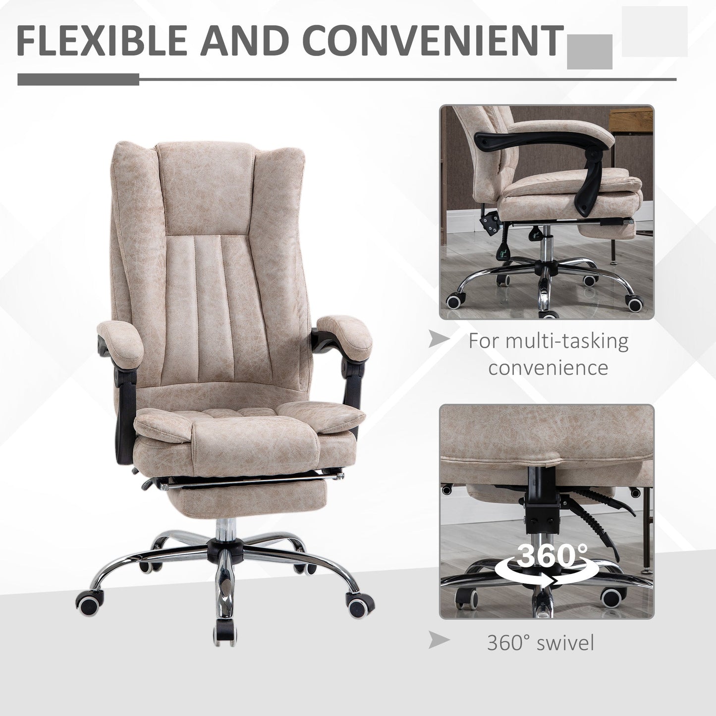 Vinsetto Home Office Chair Microfibre Desk Chair with Reclining Function Armrests Swivel Wheels Footrest Beige