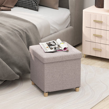 Ottoman with Storage Linen Fabric Footstool with Tray and Rubber Wood Legs-Beige