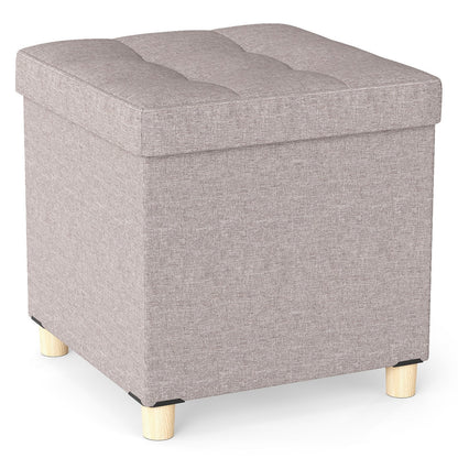 Ottoman with Storage Linen Fabric Footstool with Tray and Rubber Wood Legs-Beige