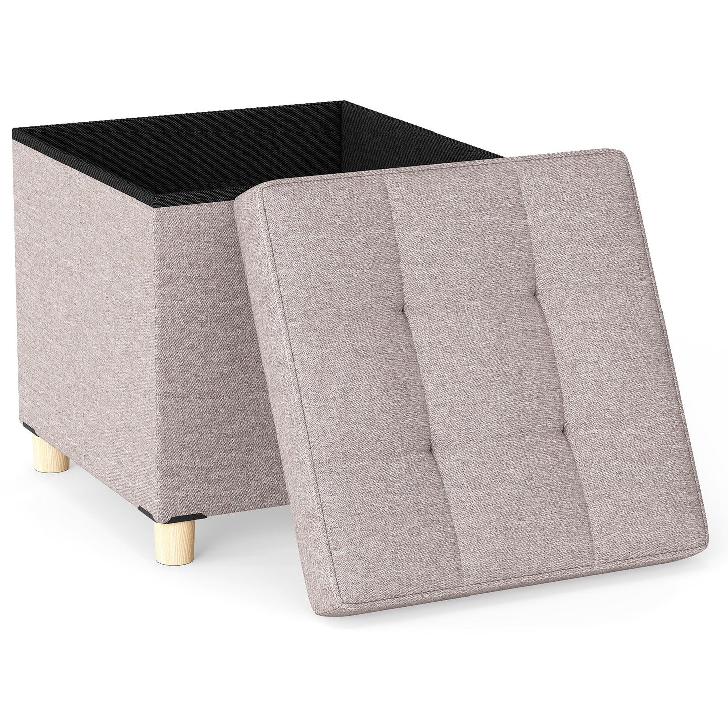 Ottoman with Storage Linen Fabric Footstool with Tray and Rubber Wood Legs-Beige