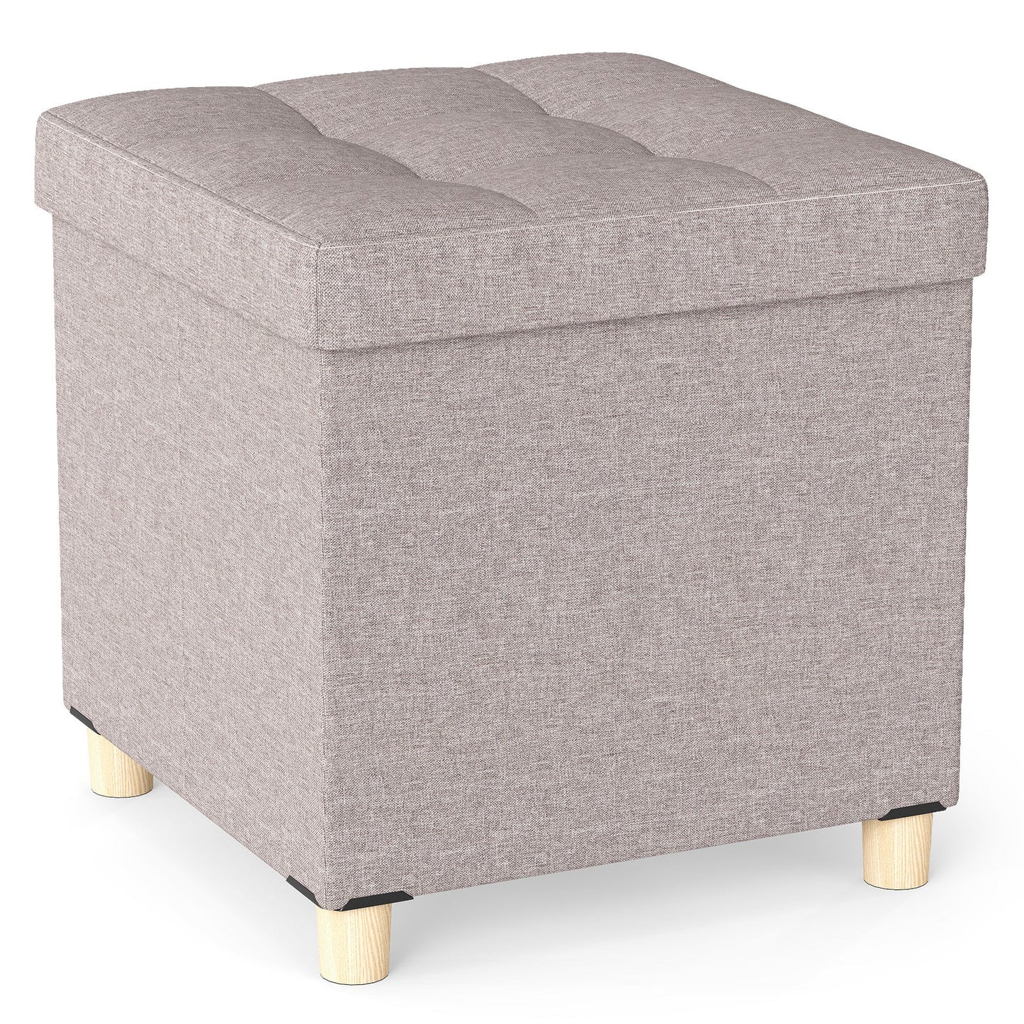Ottoman with Storage Linen Fabric Footstool with Tray and Rubber Wood Legs-Grey