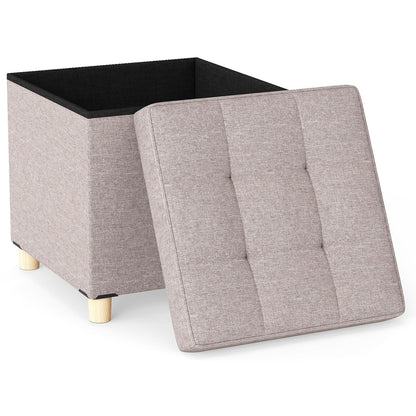 Ottoman with Storage Linen Fabric Footstool with Tray and Rubber Wood Legs-Grey