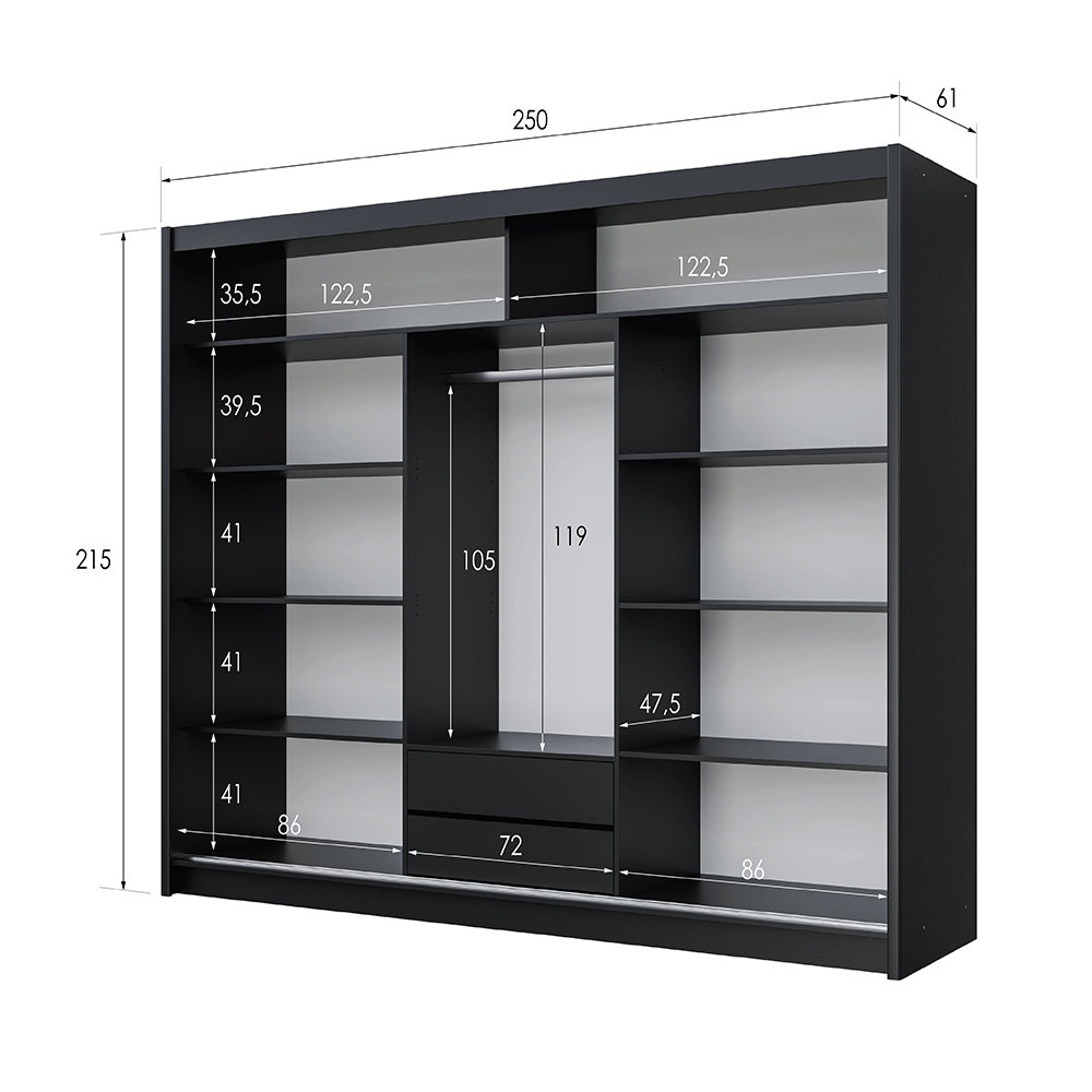 Black Mirrored Sliding Door Wardrobe 250cm – MAYFAIR
