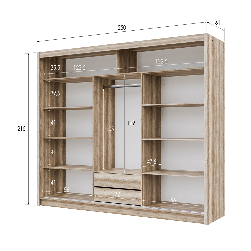 KINGSTON 250cm Sliding Door Wardrobe Oak Canyon + Lava + Mirror