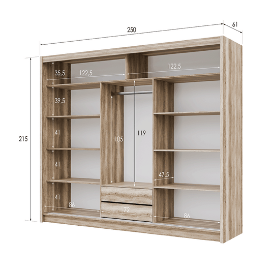 KINGSTON 250cm Sliding Door Wardrobe Oak Canyon + Lava + Mirror