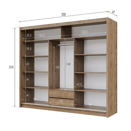 Oak Wotan / Black Mirrored Sliding Door Wardrobe 250cm – WINDSOR