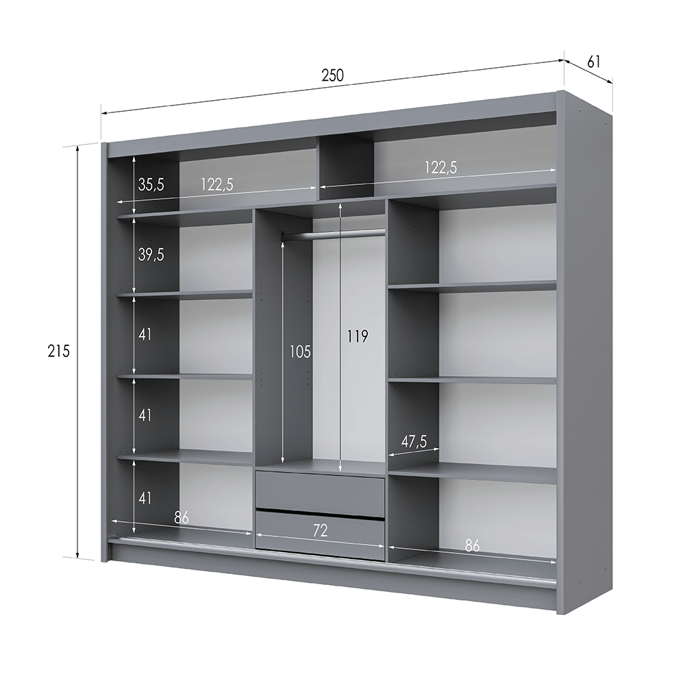 Graphite Mirrored Sliding Door Wardrobe 250cm – RADLEY 2