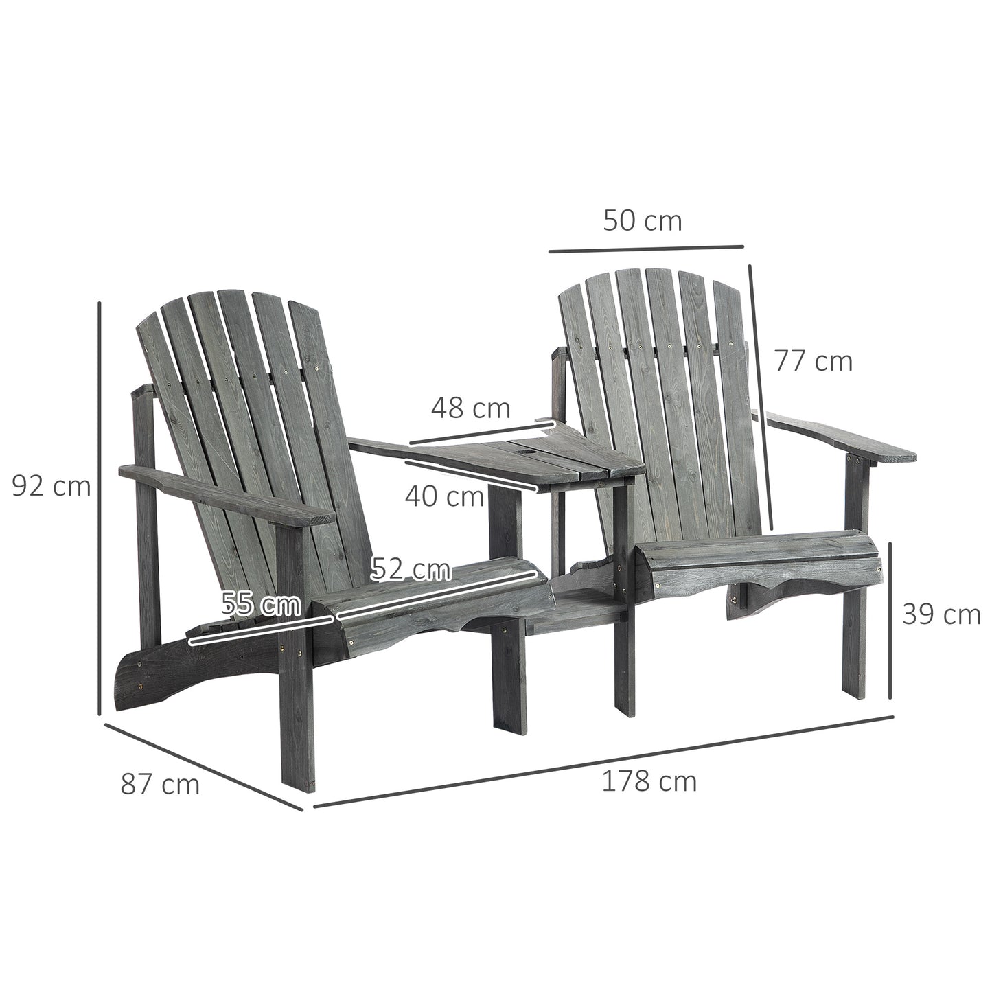 Drewniana sofa ogrodowa Outsunny Double Adirondack Chairs z podwójnymi krzesłami, stolikiem centralnym i otworem na parasol, meble ogrodowe do wypoczynku i relaksu, kolor szary