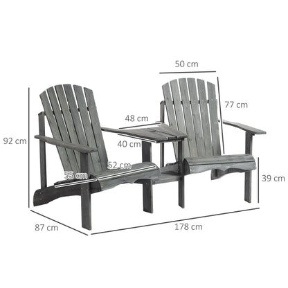 Drewniana sofa ogrodowa Outsunny Double Adirondack Chairs z podwójnymi krzesłami, stolikiem centralnym i otworem na parasol, meble ogrodowe do wypoczynku i relaksu, kolor szary