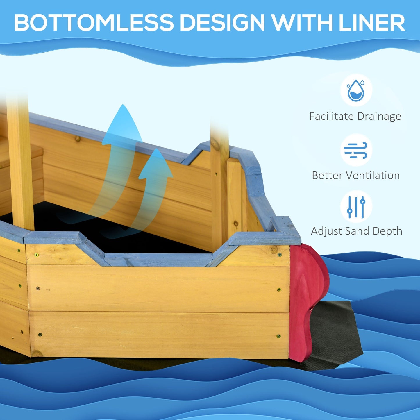 Outsunny Kids Wooden Sandpit, Children Sandbox Pirate Ship, Sandboat Play Station for Outdoor w/ Canopy Shade Storage Bench Bottom Liner