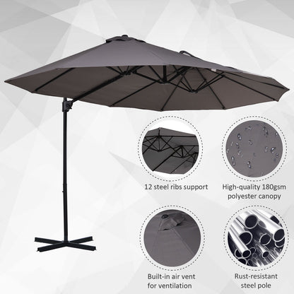 Outsunny Double Parasol Patio Umbrella Garden Sun Shade w/ Steel Pole 12 Support Ribs Crank Handle Easy Lift Twin Canopy - Grey