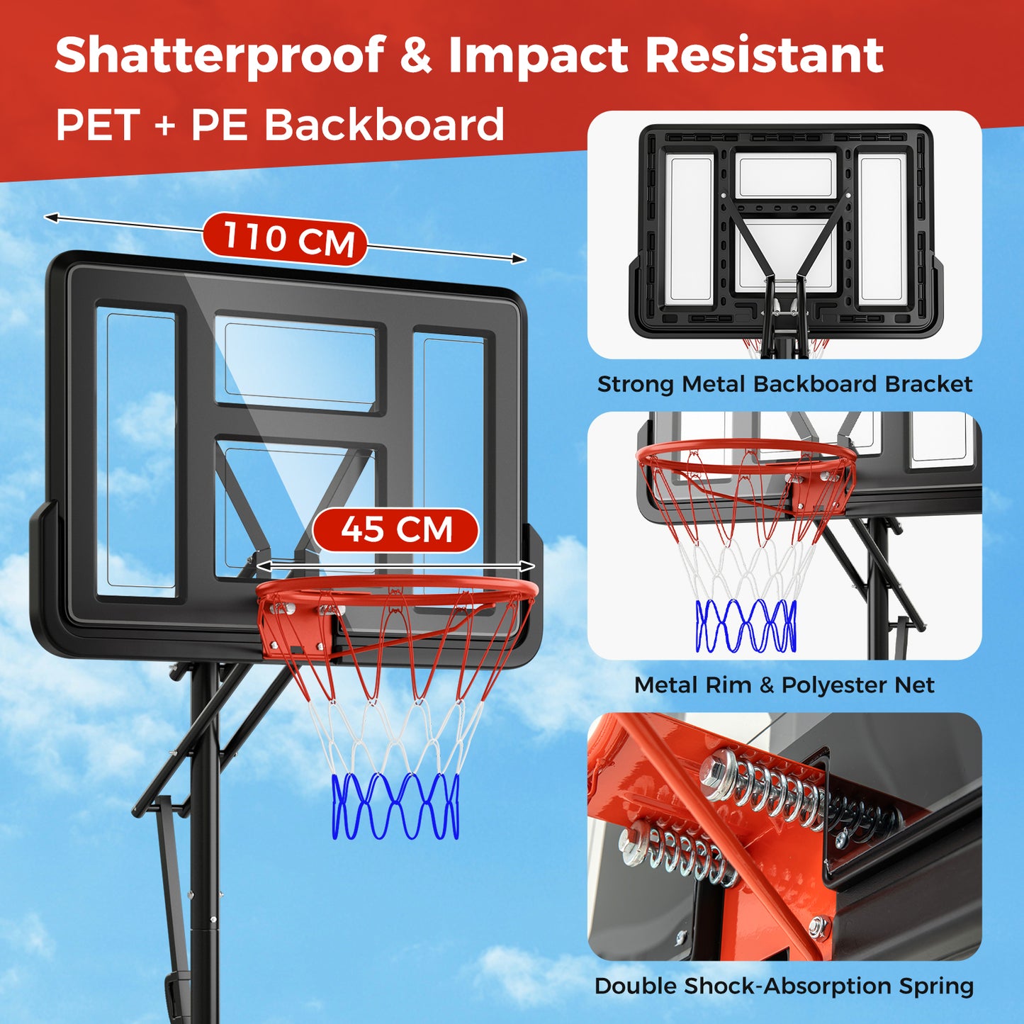 Outdoor Basketball Hoop System with Fillable Base and 2 Wheels-Black
