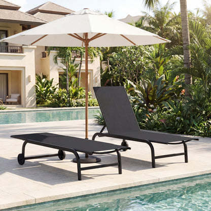 Outdoor Chaise Lounge Chair Set of 2 with Wheels 6-Position Recliner with 180° Full Flat-Black