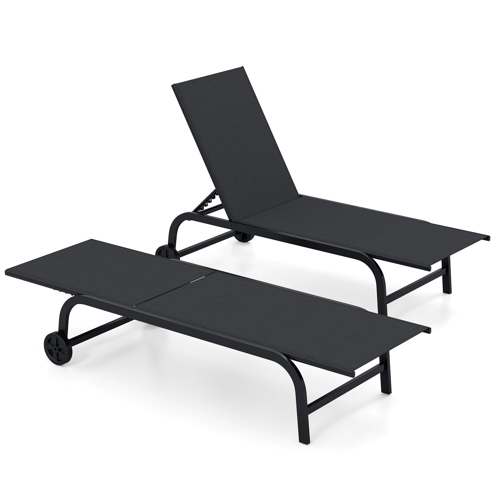 Outdoor Chaise Lounge Chair Set of 2 with Wheels 6-Position Recliner with 180° Full Flat-Black